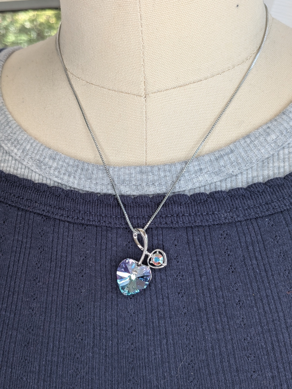 Iridescent Crystal Heart Pendant Necklace Silver Tone Box Chain AB Rhinestone